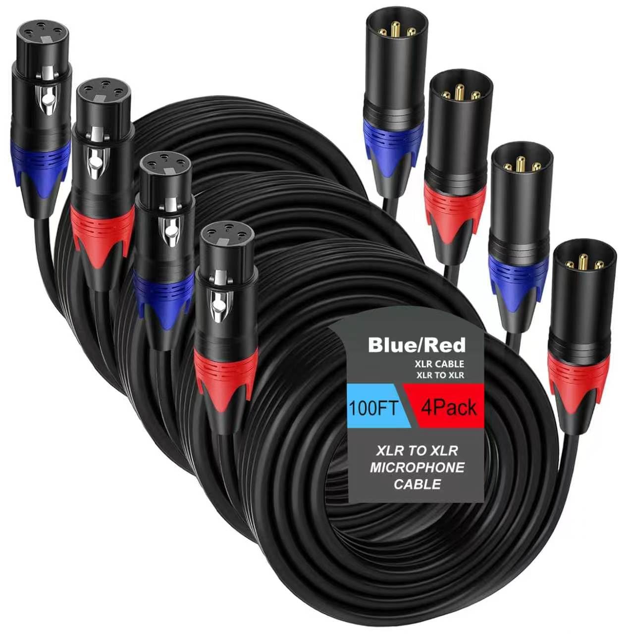 4 Stück, 30 m XLR-Stecker auf Buchse, professionelles symmetrisches Mikrofonkabel, Verlängerungs-Mikrofonkabel, reines Kupfer und DualShielding, kompatibel mit Mikrofonen, Mischpulten, Lautsprechern