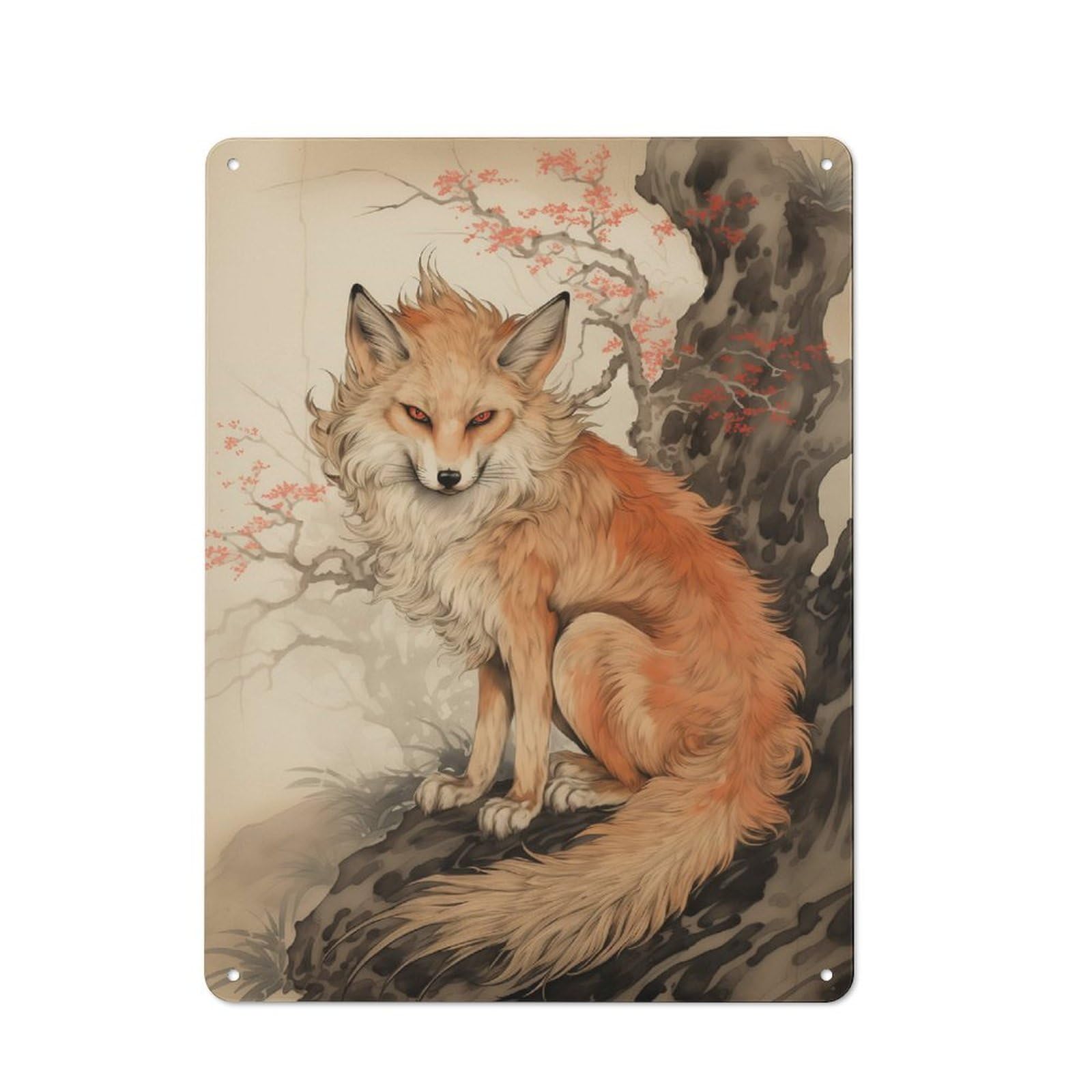 Junmoney Style-22 Metal Plaque 40X30cm With Japan Fox For Hallway Wall, Rustic Decor, A Metal Wall Feature For Hallways And Entrance Areas
