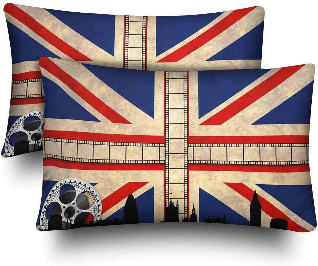 NHJYU  Union Jack with Movie Reels London Skyline Pillow Cases Pillowcase Standard Size 20x30 Set of 2, Rectangle Pillow Covers Protector for Home Couch Sofa Bedding Decorative