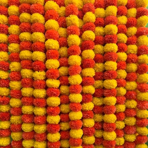 DIYANA IMPEX Marigold Garland for Decoration 5 Pieces 5 Feet Diwali Decoartions for Home Indian Dcor Wedding Christmas Dia de Los Muertos Cempasuchil Flowers (5 Orange and Yellow)