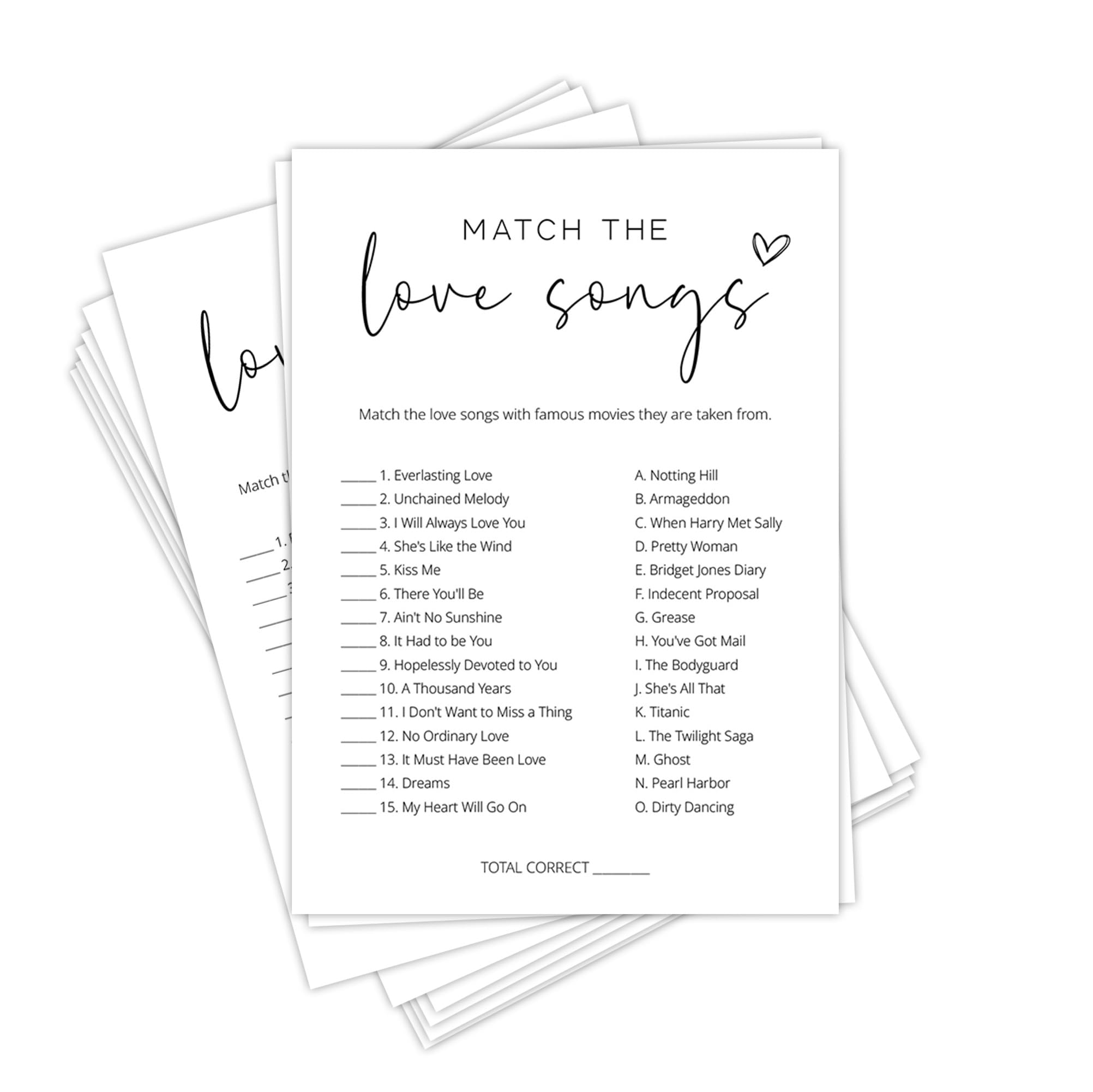 Gry na wieczór panieński, Match the Love Songs, minimalistyczne białe dwustronne karty do gry dla nowożeńców z 1 kluczem odpowiedzi, gry na wieczór panieński dla gości, zaręczynowe materiały na