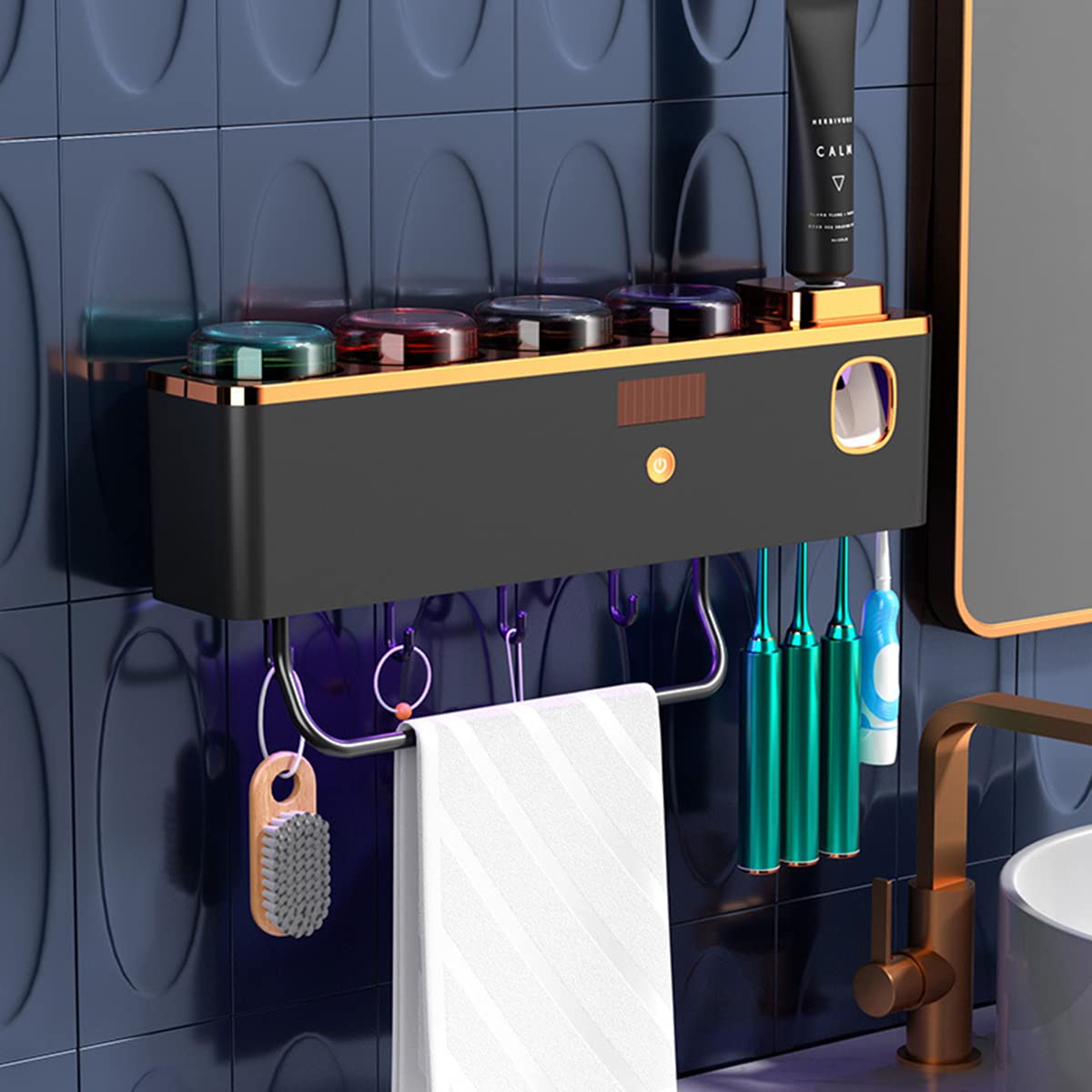 LANMOU Portacepillos de Dientes Pared, Soporte Cepillo de Dientes Esterilizador UV con Dispensador de Pasta de Dientes, Cajón de Almacenamiento de Cosméticos y USB Recargable, Sin Taladro