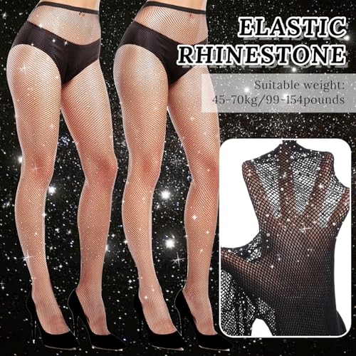 Image of Abeillo Rhinestone Fishnet Stockings for Women, 2 Pairs Stretchy Fishnet Tights High Waist Fish Nets Black Leggings Sparkly Clothes for Parties, Proms, Halloween