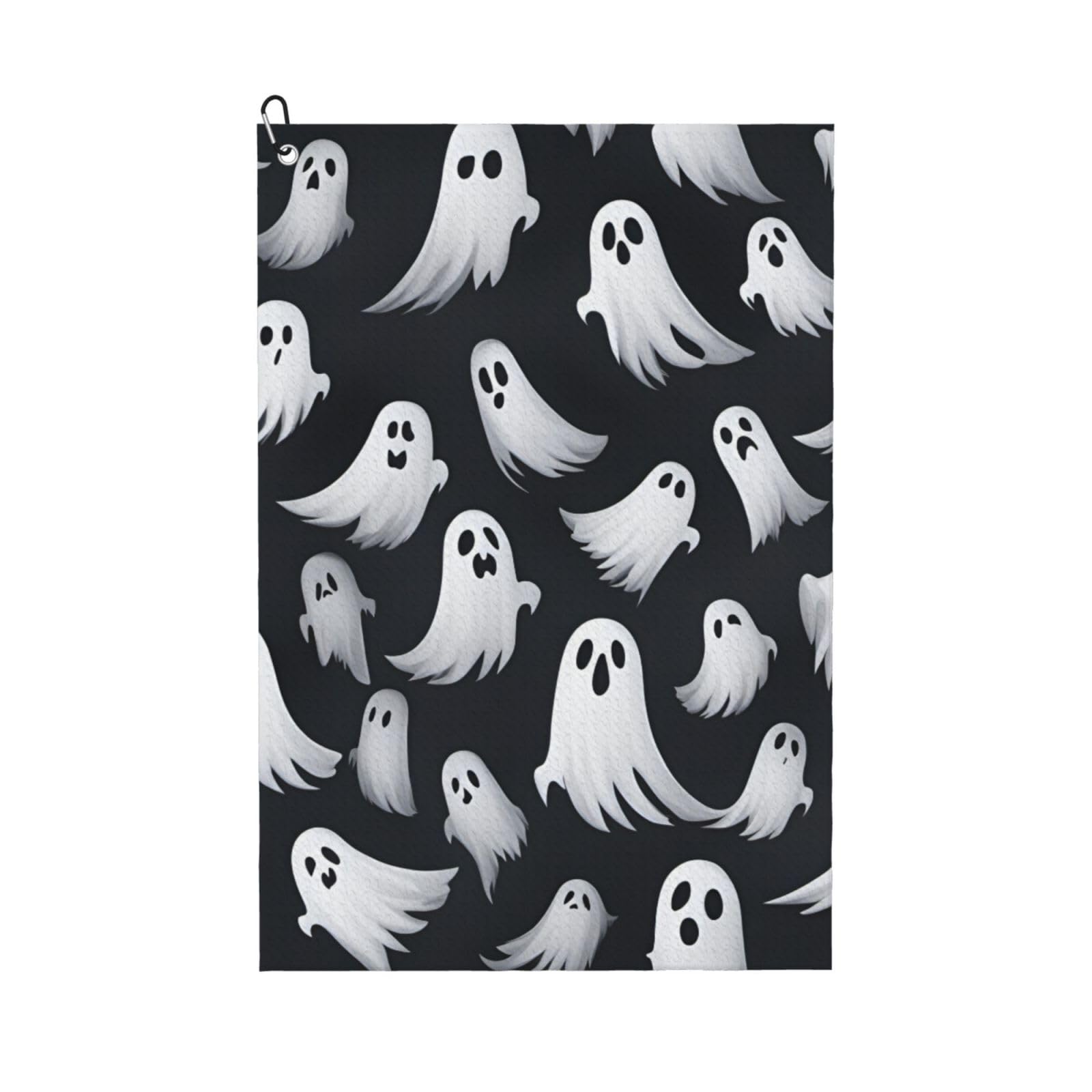 Anceky Cute White Ghost Halloween Pattern 1 Print Golf Towel 24"X16" Microfiber Golf Cleaning Towel with Carabiner Clip for Golf Bags