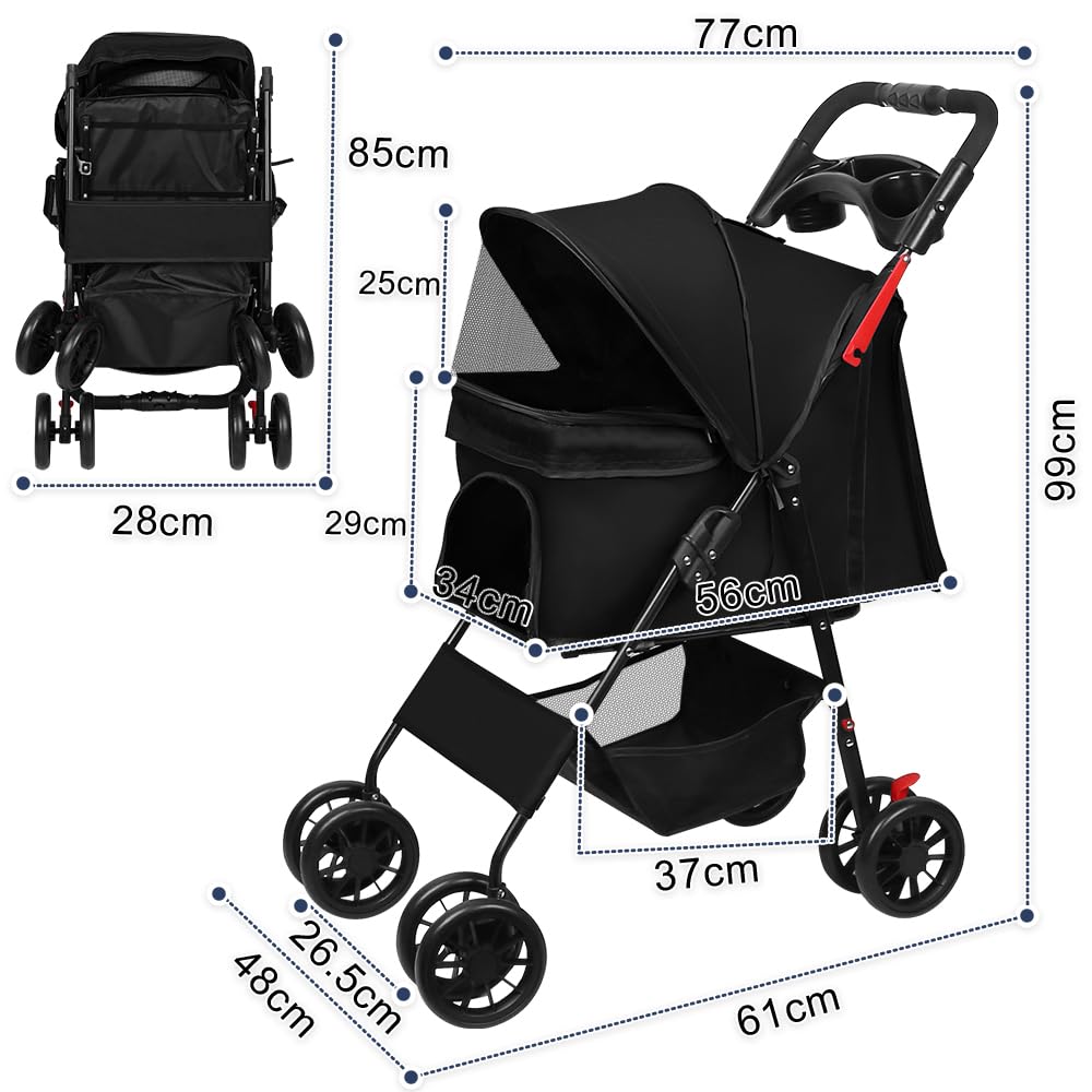 OHMG 3 en 1 Poussette buggy pliable animaux chariot pliante chien chat porte-gobelet panier de rangement inclus roues avec frein tissu 600D Oxford acier,Jusqu'à 40 kg,98 * 67 * 46cm-Noir