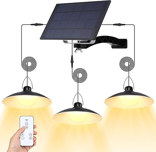 Miniatura 1 de Luces colgantes solares para exteriores IP65 impermeables, 3 cabezales, luces solares de cobertizo con interruptor remoto de encendido y apagado,