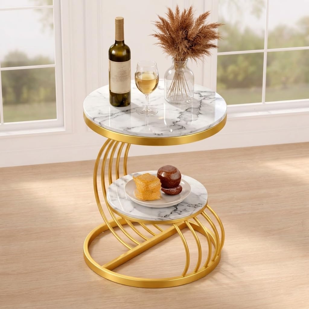 Small Corner Side Table Coffee Console and Sofa Table Living Room Bedside Shelf Table Coffee Table End Table Night Stand (Golden and White)-image-23