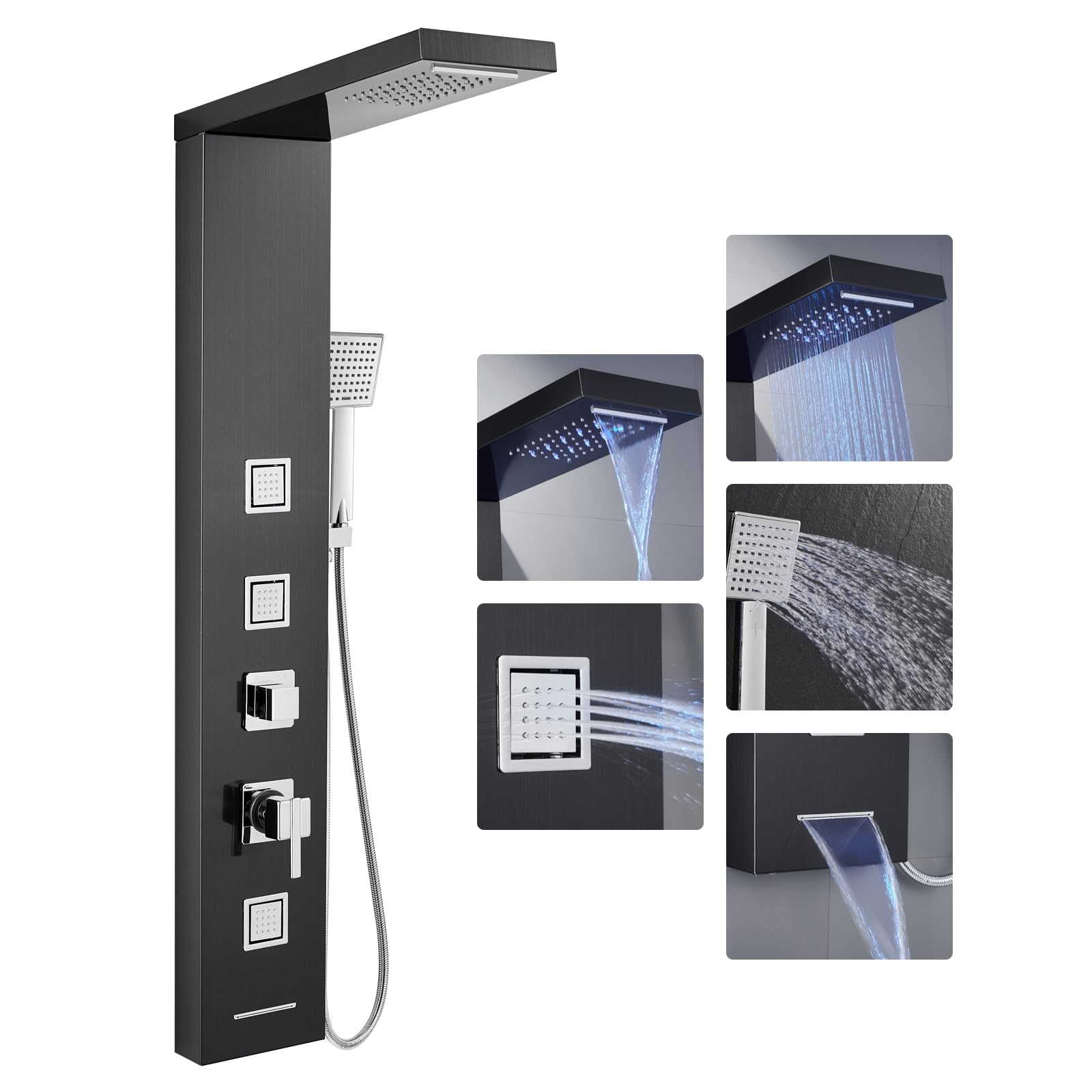 Panel de ducha con grifo y luces LED, con batería, columna de ducha, juego completo con ducha de lluvia, ducha cascada, chorros de masaje cuadrados, ducha de mano y caño de bañera, acero