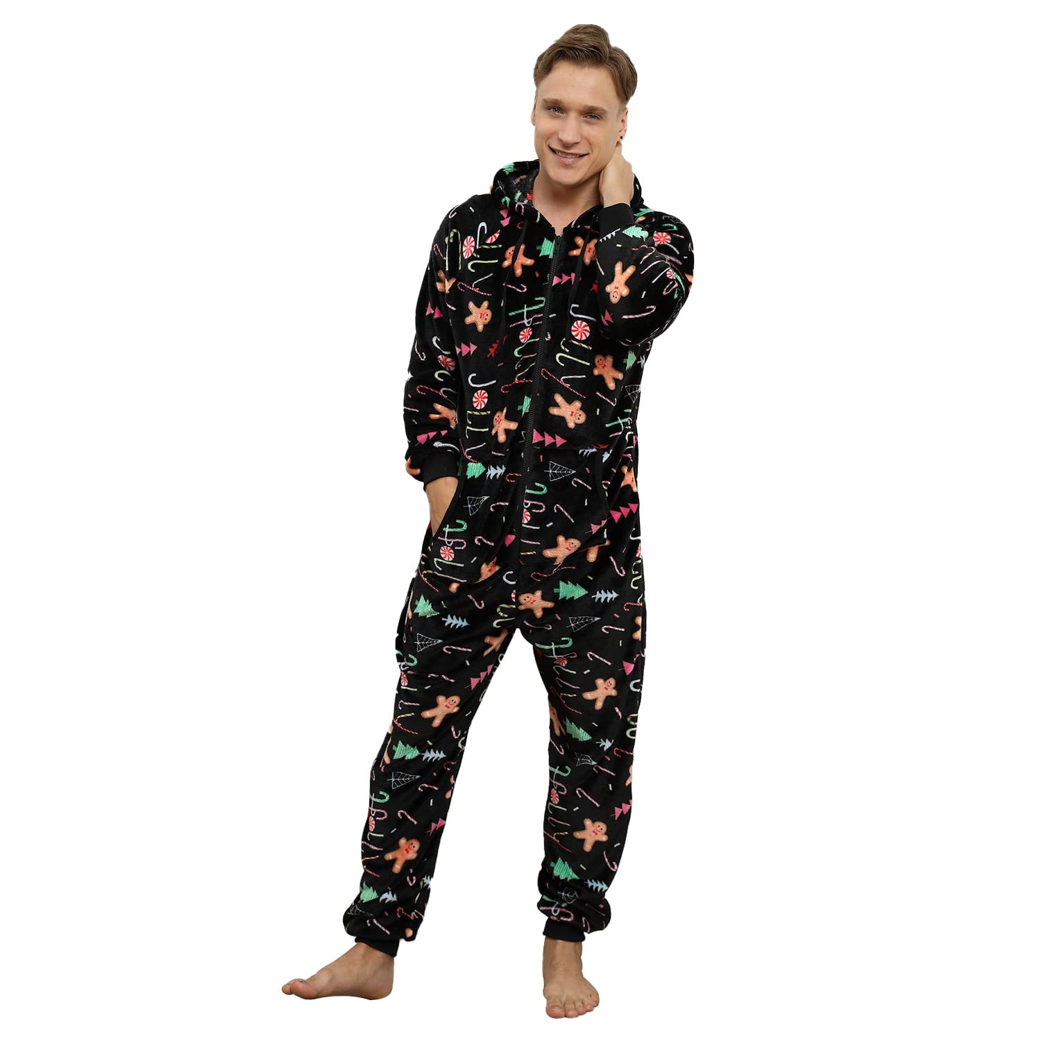 Pijama Navidad Una Pieza Hombre Franela Pijamas Mono Entero con Capucha Manga Larga Invierno Calentito Jumpsuit Adulto Onesie Ropa de Casa Dormir Caramelo de Navidad Negro XL