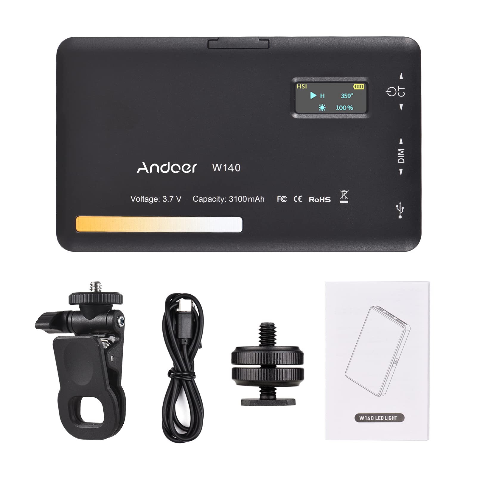 Andoer Luce Selfie per Telefono Video Light Luce per Selfie Con Clip Luce per Video con Batteria da 2000 mAh 2500K-6500K Dimmerabile LED Video Light Panel per iPhone iPad Laptop Fotocamera
