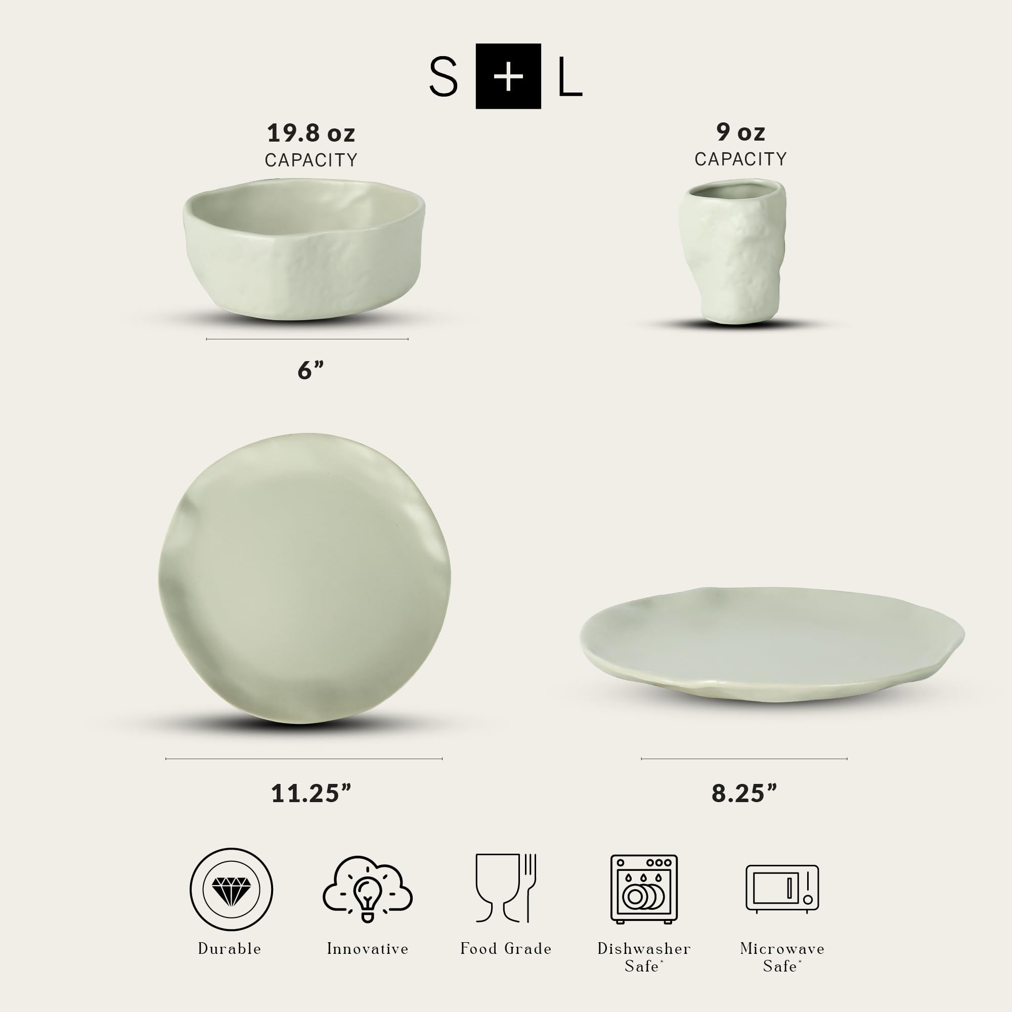 Stone by Mercer Project Atik Modern Steingut Geschirrset, Teller und Schüssel-Set, Geschirrset für 4, Salbeigrau, 16-teilig