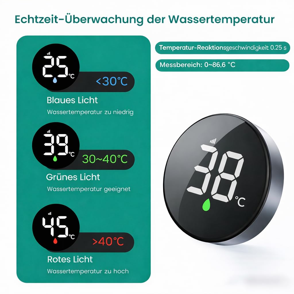 Longriver MX08 Drahtloser Duschtemperaturmonitor mit Wasserdichtem Echtzeit-Anzeige, Wasserbetriebener Sensoreinheit – Kompatibel mit Den Meisten Duschtöpfen, Zwischen °F und °C umschalten