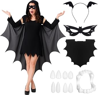 Skicuff Adult Vampire Bat Wings Cloak Costume Set Include Wings Costume Mask Ears Headband Fangs Teeth for Halloween