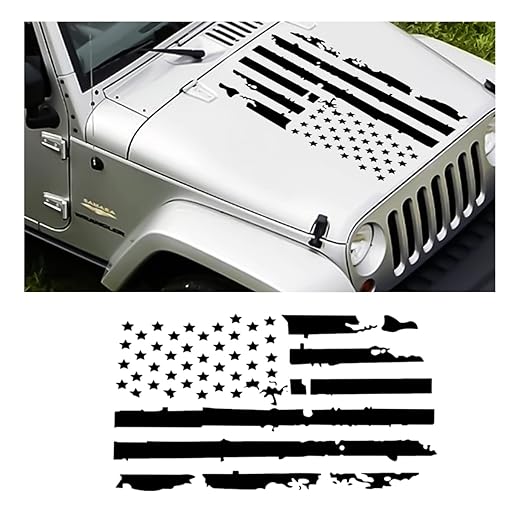 16.9''x30.7'' Distressed USA US Flag Sticker for Car Hood, Patriotic Old Glory Military Grunge Decals for Door Window Bumper, Auto Graphic US Flag Decoration for Most Cars, SUV, Truck (Black)