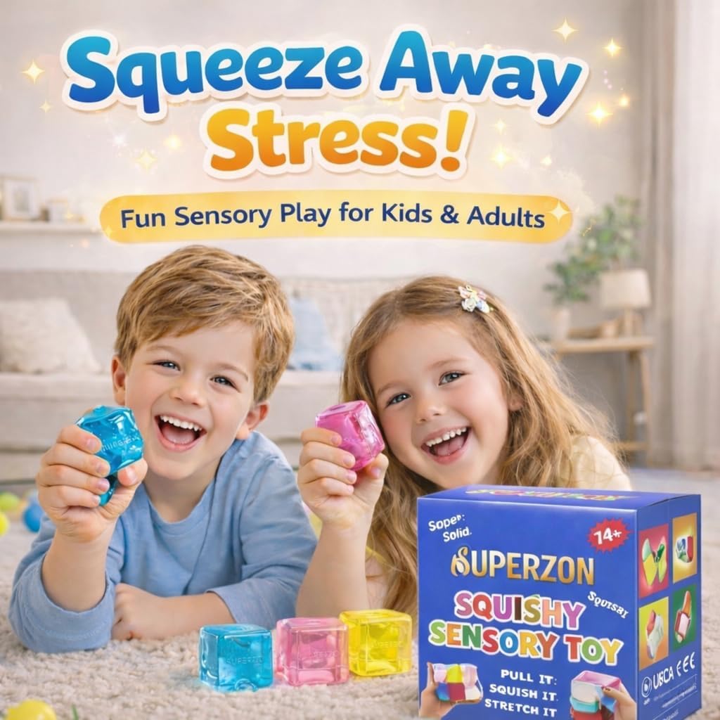 Square Stress Cube Pack of 3 – Sensory Squishy Fidget Toys for Kids & Adults | Ice Cube Anxiety & Stress Relief 3.3m (3 Colors in 1 Pack)