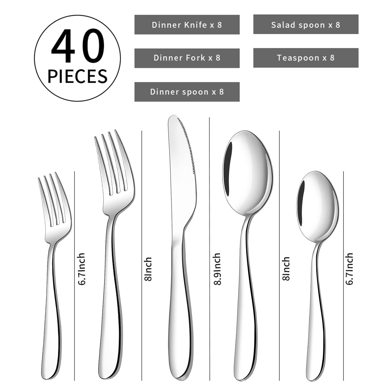 Juego de cubiertos de 40 piezas para 8 cubiertos de acero inoxidable, juego de cubiertos de cocina incluye cuchara, tenedor y cuchillo para el hogar, apto para lavaplatos
