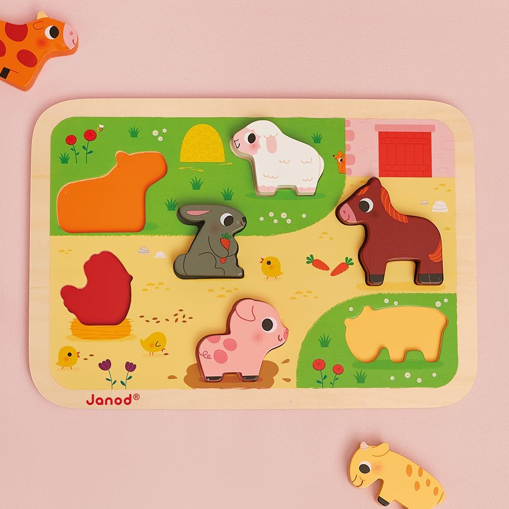 Janod Chunky Farm Wooden Puzzle with 7 Pieces – Educational Toddler Puzzle Toy with Farm Animals, Easy-Grip Wooden Figures for Fine Motor Skills, Learning & Imaginative Play, Ages 18 Months - J07121
