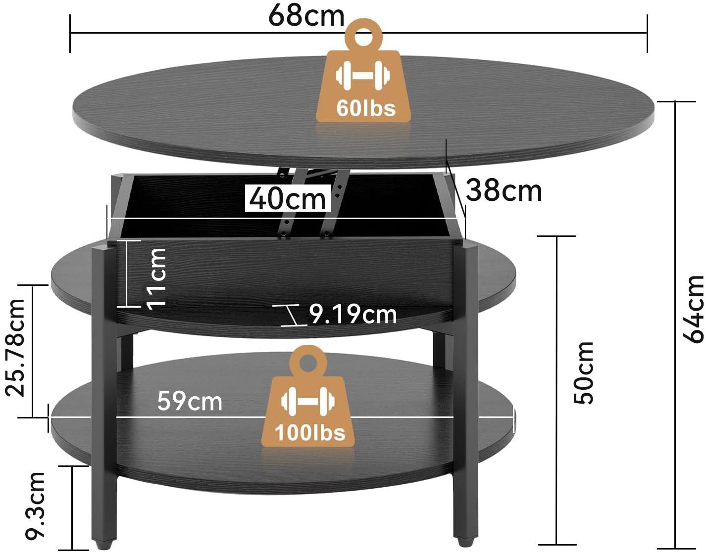 Couchtisch rund mit Hebeplatte und Stauraum, Schwarz