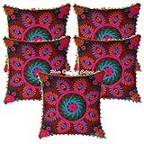 Stylo Culture Décoratif Indien Coton Housses De Coussin 40x40 cm Rose Noir Indiennes Travail Suzani Brodé Pom Pom Dentelle Décoration De Maison Lot De 5 Floral Carré Taies d'oreiller