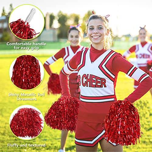 36PCS Cheerleading Pom Poms Metallic Foil Plastic Pom Poms with Baton Handle for Game Sports Squads Dancing Party Football Basketball Club Spirit Sports Stage Performance Celebration (Red)