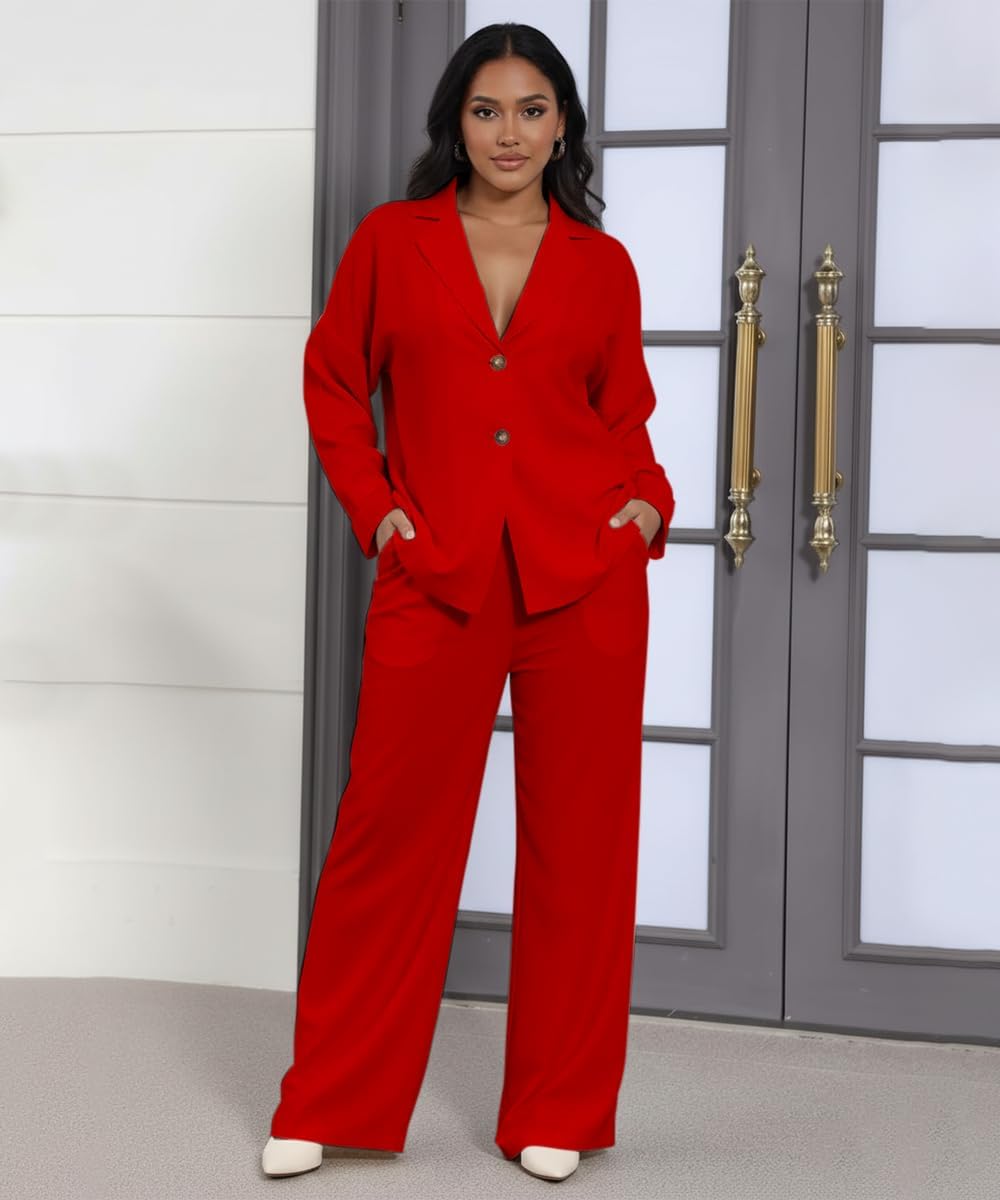 knowfashionstyle Womens Suits 2 Piece Casual Pants Sets Long Sleeve Blazer and Wide Leg Pant Outfits Work Suit with Pocket