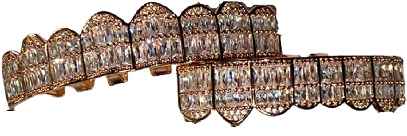 14k Rose Gold Baguette Joker Pink Grillz for Mouth Top Bottom Hip Hop Teeth Grills for Teeth Mouth Grillz for Mouth Top Bottom Hip Hop 8 Teeth Prong Set Cz Diamonds Grills for Tooth