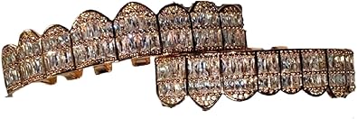 14k Rose Gold Baguette Joker Pink Grillz for Mouth Top Bottom Hip Hop Teeth Grills for Teeth Mouth Grillz for Mouth Top Bottom Hip Hop 8 Teeth Prong Set Cz Diamonds Grills for Tooth