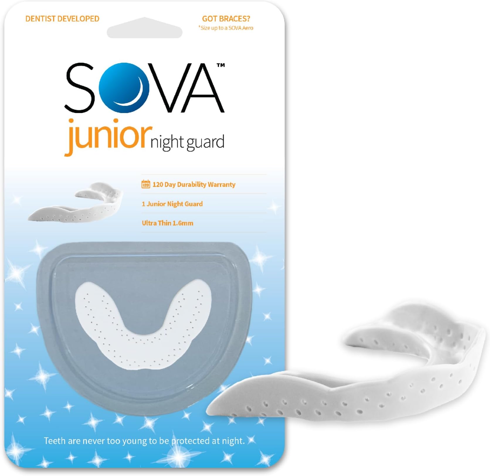 Junior Night Guard, Snow White - 1.6mm Thin - Custom-Molded Fit - Protects Against Nighttime Teeth Grinding & Clenching - Odor & Taste Free - Remoldable Up to 20 Times - Non Toxic