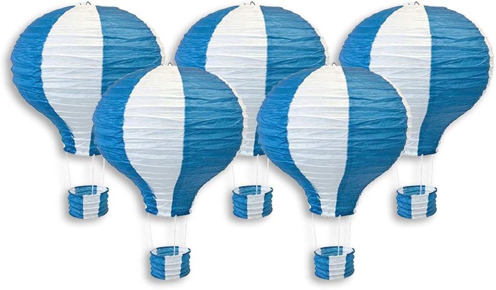 Just Artifacts Decorative 12-Inch Hot Air Balloon Paper Lanterns (5pcs, Blue & White)