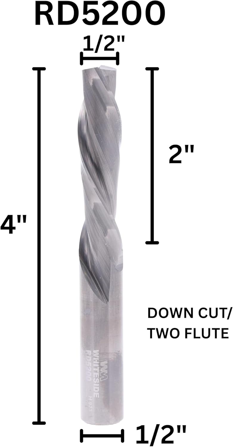 Whiteside Router Bits RD5200 Standard Spiral Bit with Down Cut Solid Carbide 1/2-Inch Cutting Diameter and 2-Inch Cutting Length