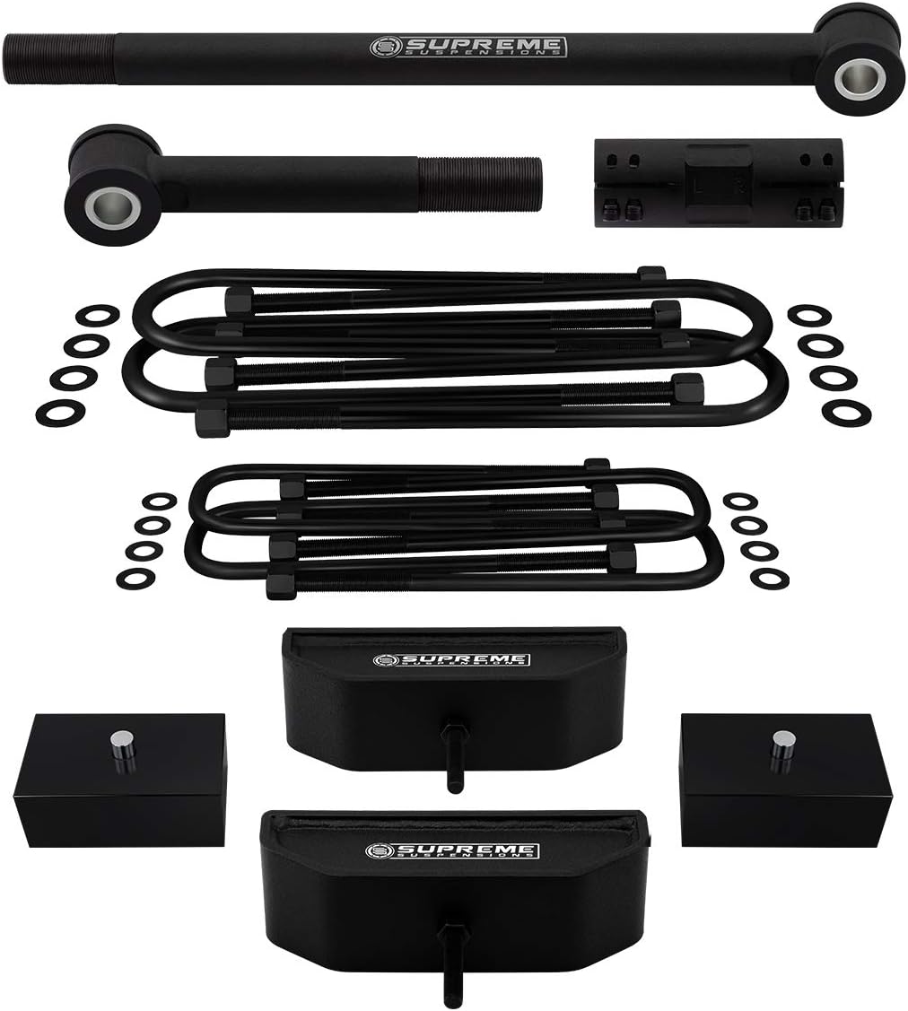 Supreme Suspensions - Full Lift Kit for 1999-2004 Ford F250 / F350 Super Duty 4x4 4WD 2.5" Front + 2" Rear Lift Blocks with 2 Sets of Extended U-Bolts + Anti-Wobble Adjustable Track Bar (Black)