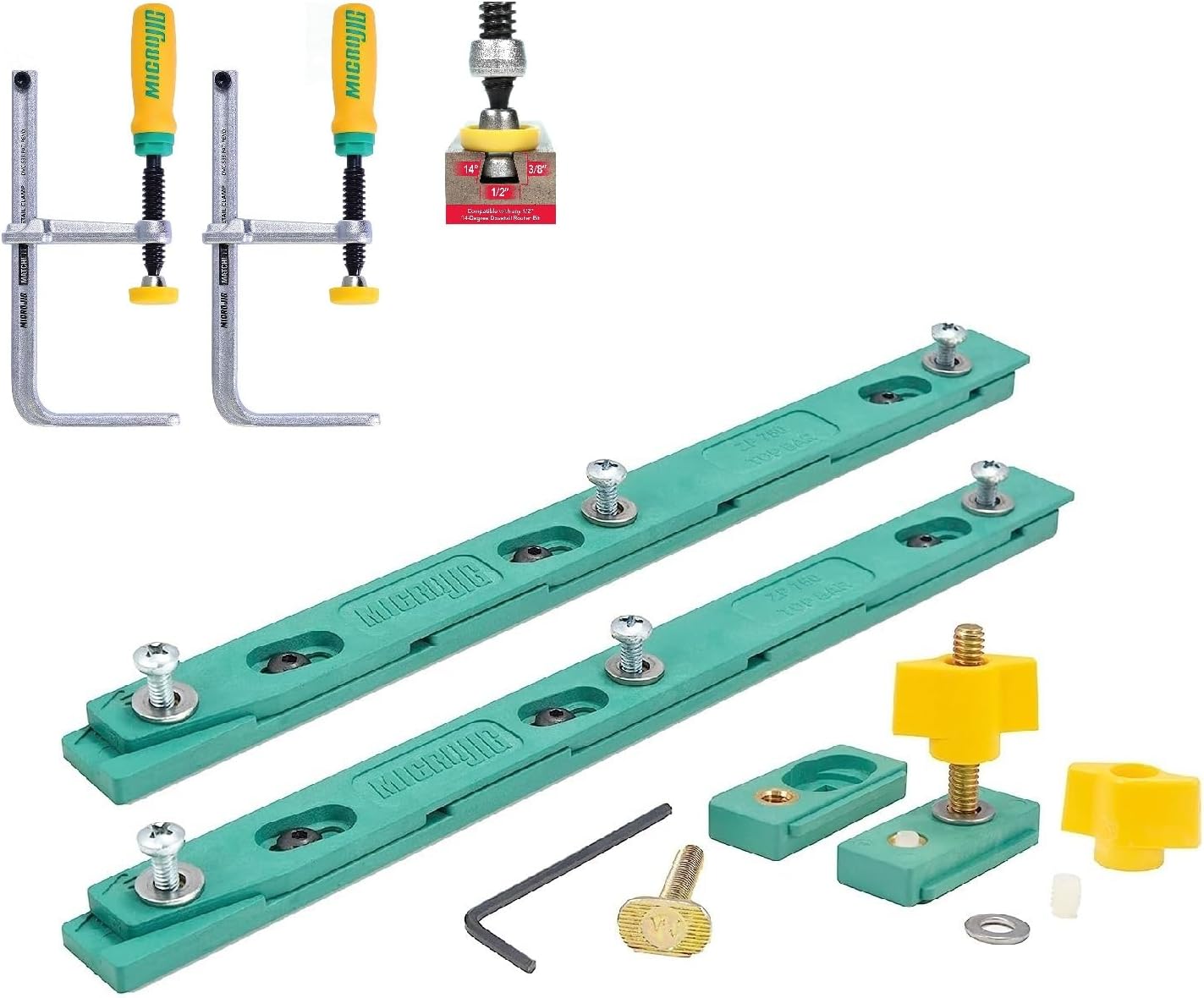Microjig ZP750-B2S2 Zeroplay Miter Bar 2-Pack and Dovetail Clamps Bundle