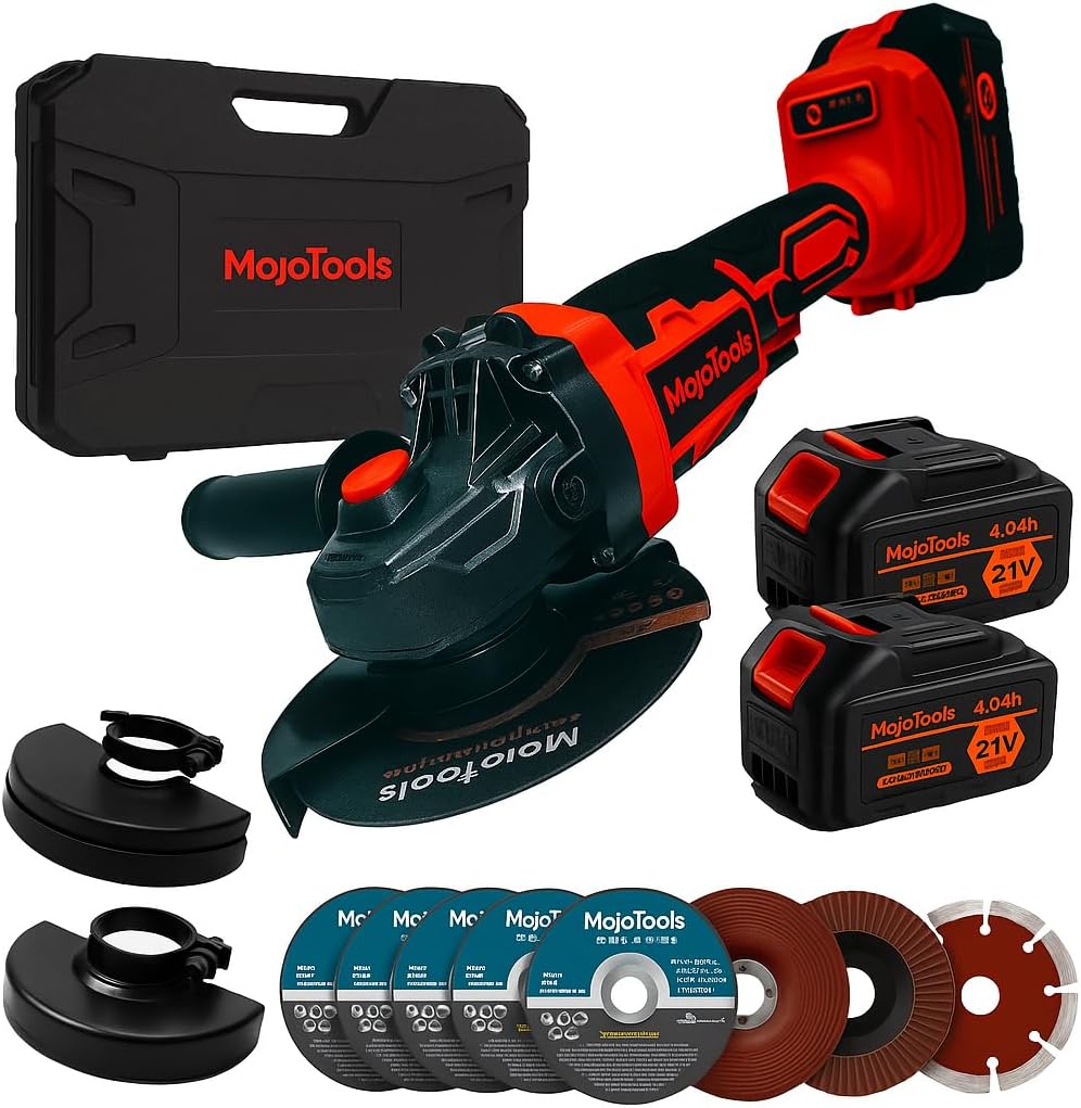 21V Brushless Cordless Angle Grinder Kit, 4-1/2” 9000 RPM, 2×4.0Ah Batteries & Fast Charger, 8 Discs (5 Metal + 1 Wood + 2 Grinding), Dual Guards (Thick + Standard), Side Handle & Wrench