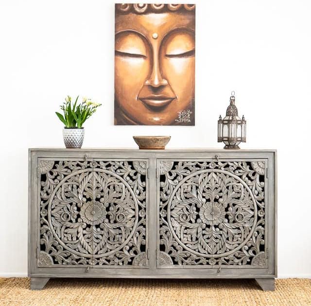 Arman Handicrafts Wooden Carved 4 Door Sideboard Cabinet with Shelves ...