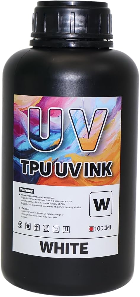 TPU UV DTF Ink 1000ML White, Ink for 3D Logo Label Fabric Printing, for UV Flatbed & UV DTF Printer, Work with XP600 i3200 i1600 L805 DX5 DX6 DX7 DX10 Series Printhead (1000ML White) — 사진 1