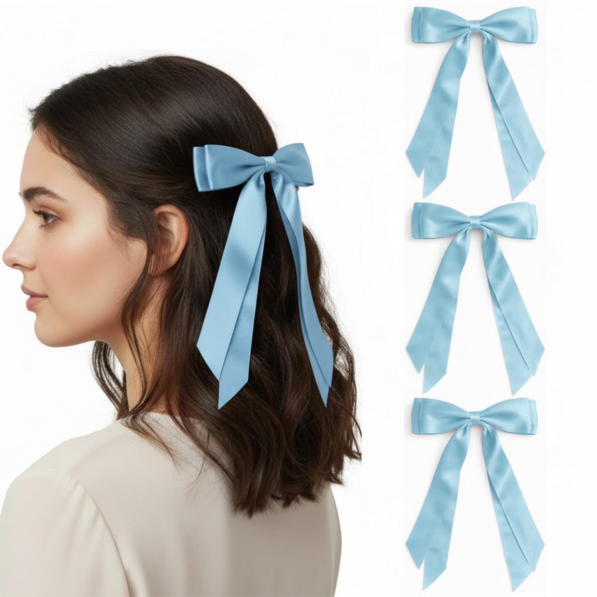 Lazos para el pelo de color azul bebé para mujer, 3 unidades, pinzas de pelo suaves con clips de metal, cinta de pelo larga, soporte para cola de caballo, accesorios para el cabello para niñas y