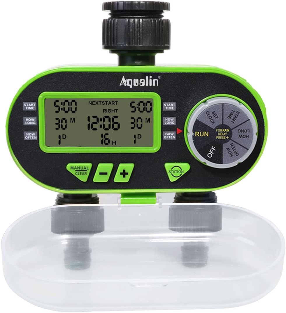 Two Outlet Water Hose Timer Garden Watering Computer Electronic Irrigation Controller, Green