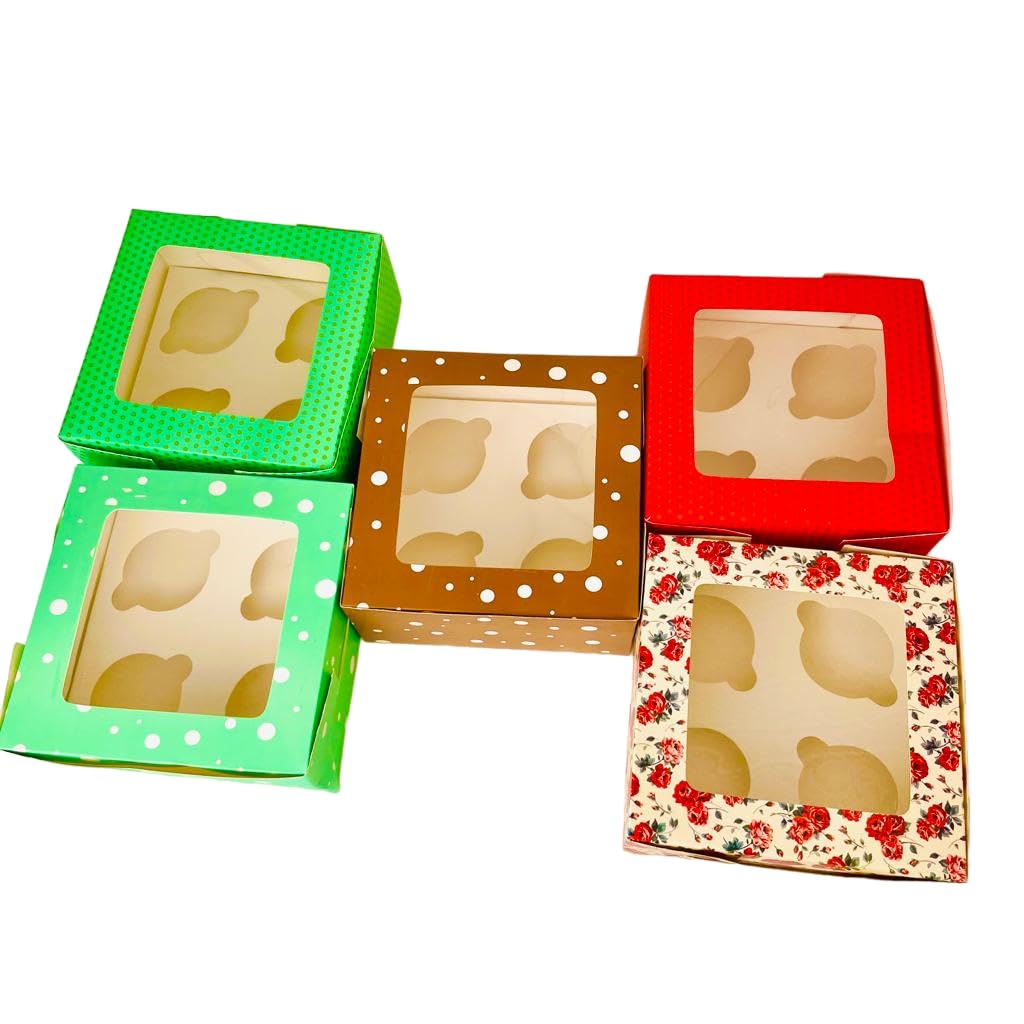4CUP CAKE BOX 5 PCS | Bakery Boxes with Window| Professional Tall Cake Box & Round Board | Cake Containers 7 * 7$INCH,Pack of 5