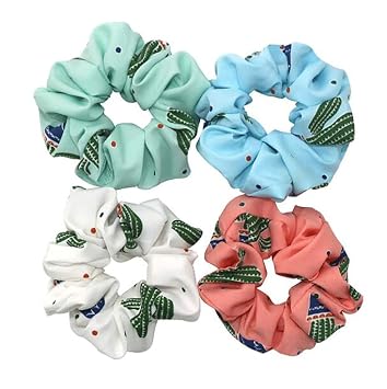 Fodattm 4PCS Elastic Hair Scrunchies Hair Bands Hair Ties Scrunchy Hair Rope Ponytail Holder for Women Cactus pattern