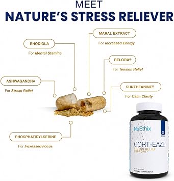 NuEthix Formulations Cort-Eaze - Cortisol Supplement - Health Support Supplement with Ashwagandha, L-Theanine & Rhodiola Rosea - Relaxation and Deep Sleep, 60 Capsules, 30 Servings