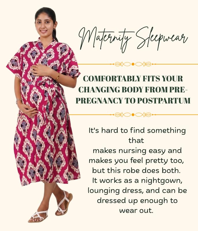 Image of MENMAII Cotton Feeding Robe for Women | Soft Breathable Maternity & Nursing Wear | Front Open Easy Feeding Access | Comfortable Nightwear for New Moms|Calf Length [Size: L,XL,XXL,3XL /FS]