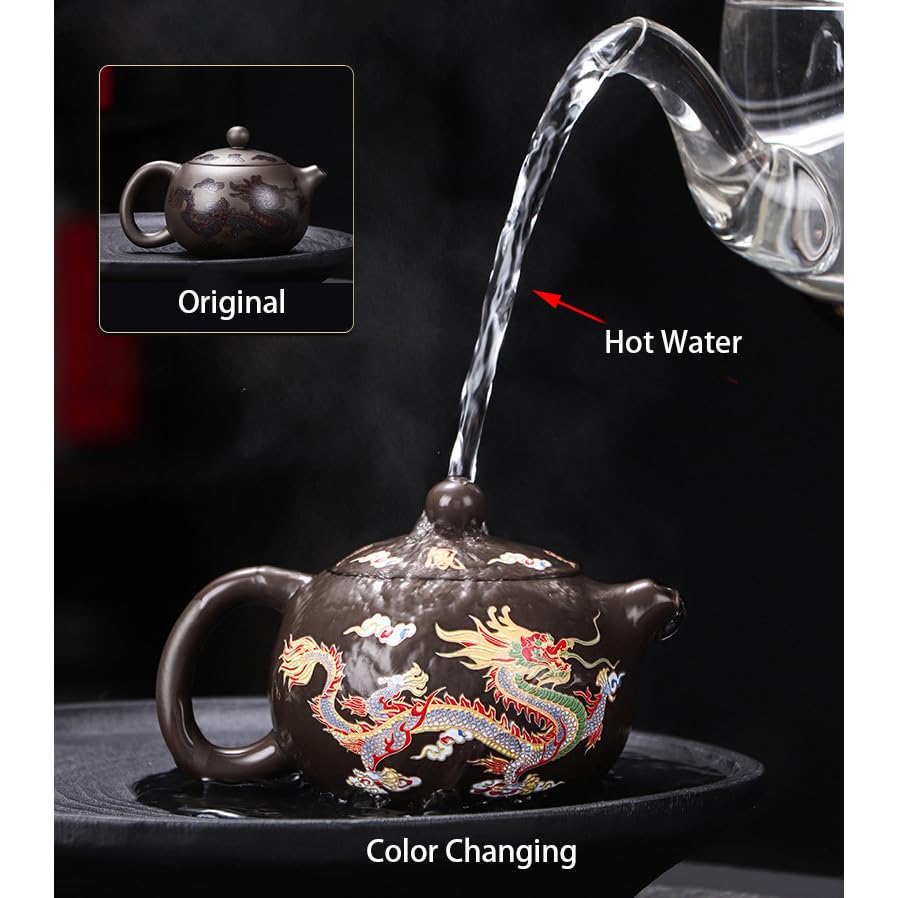Hormsdar Hand-made Dragon and Phoenix Color-changing Purple Clay Teapot Zisha Tea Set Kettle Kung Fu Tea Pot Tea Lover‘s Gift (Teapot+2*Cups)