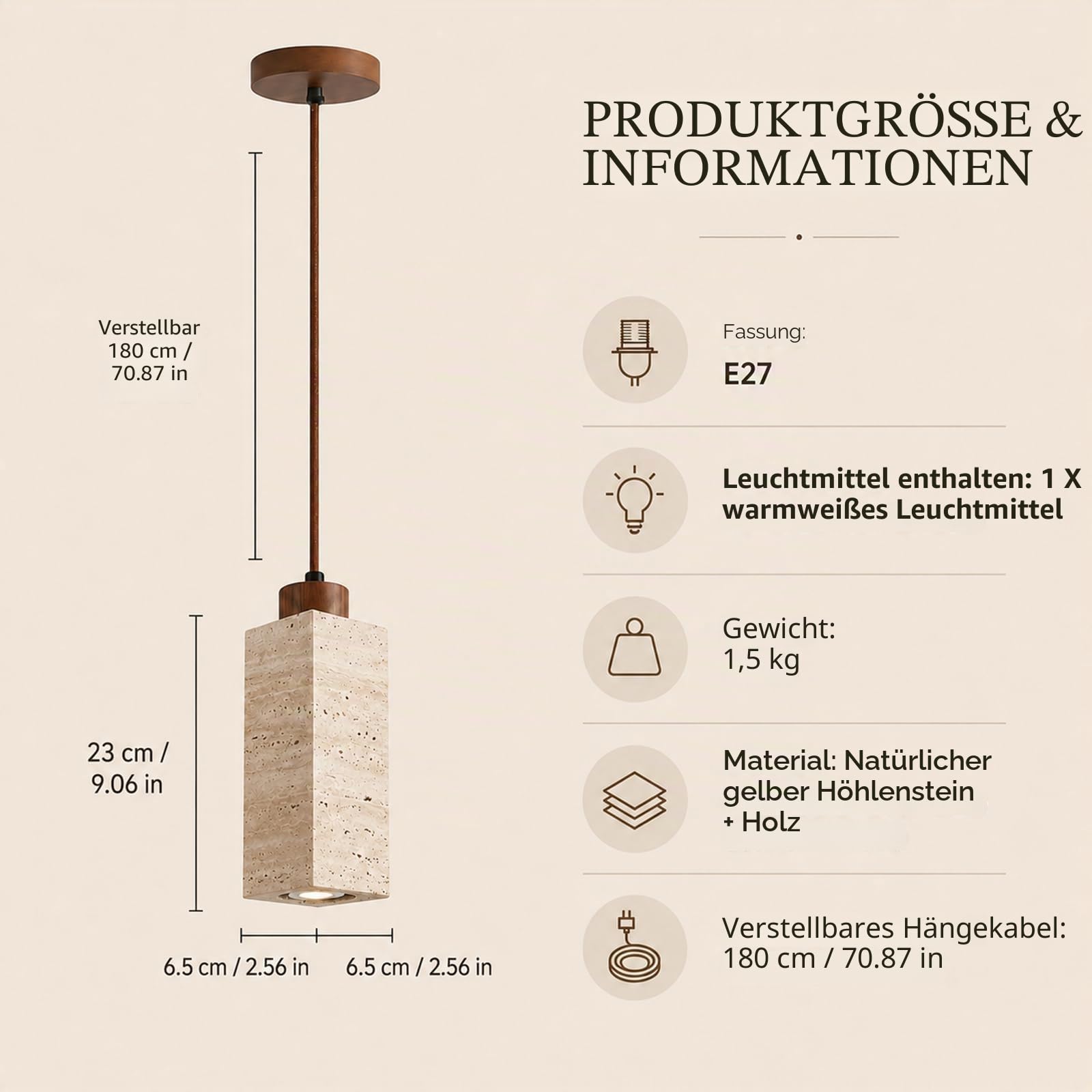 Rechteckige/zylindrische Stein-Pendelleuchten, Walnuss-Hängelampen mit natürlichem gelbem Travertin-Lampenschirm, Nachttisch-Kronleuchter, E27-Beleuchtungskörper, japanische Hängelampen für