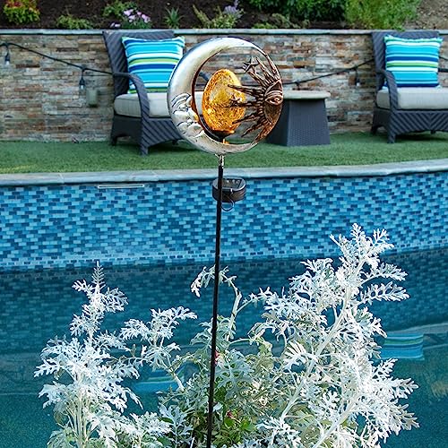 Exhart Sun And Moon Garden Solar Stake Surrounding Light Up Amber Egg Made Of Crackle Glass Garden Art – Metal Sun On Silver Circle Yard Stake, Ying & Yang Décor, Mother Nature Modern Art 8” X 38” #TOP5