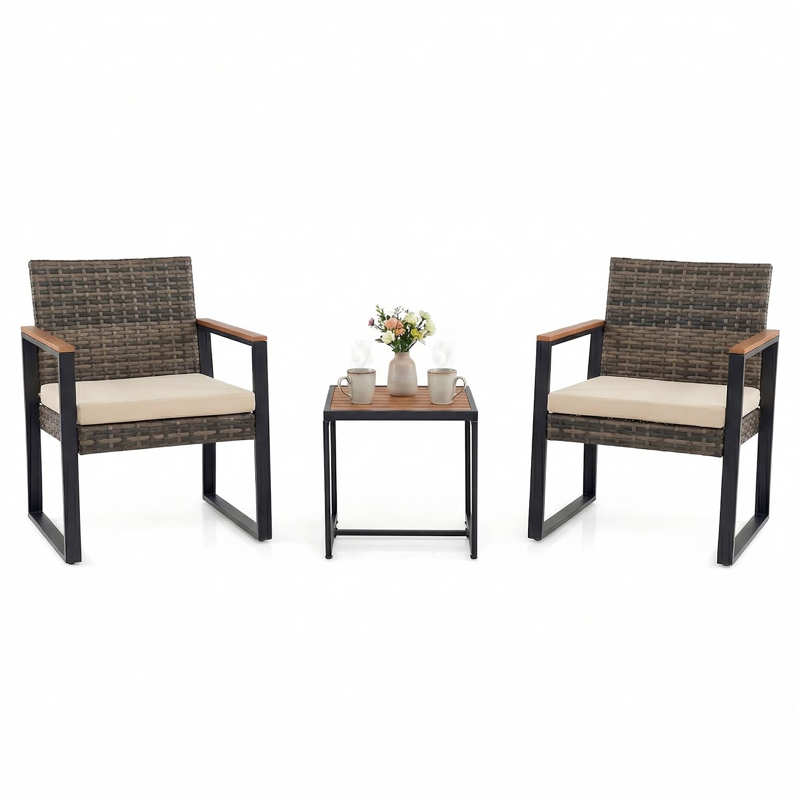 COSTWAY 3 Pieces Patio Rattan Bistro Set, PE Wicker Garden Furniture Set with Soft Cushion and Side Table, Metal Frame Outdoor Conversation Set for Balcony Yard Garden Poolside (Mix Grey+Beige)
