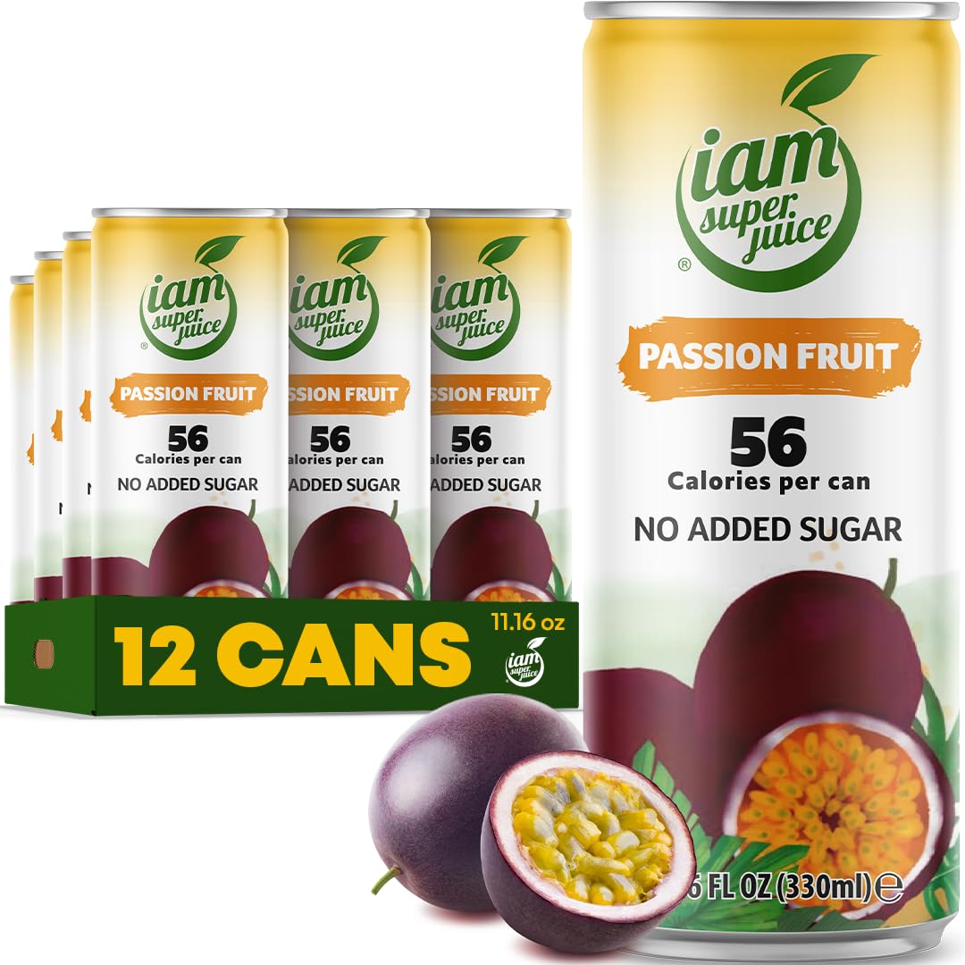 I am Superjuice Passion Fruit - Natural Fruit Juice Drink - Zero Added Sugar - Low in calories (56 per can) - 12 Pack x 11.16 FL OZ