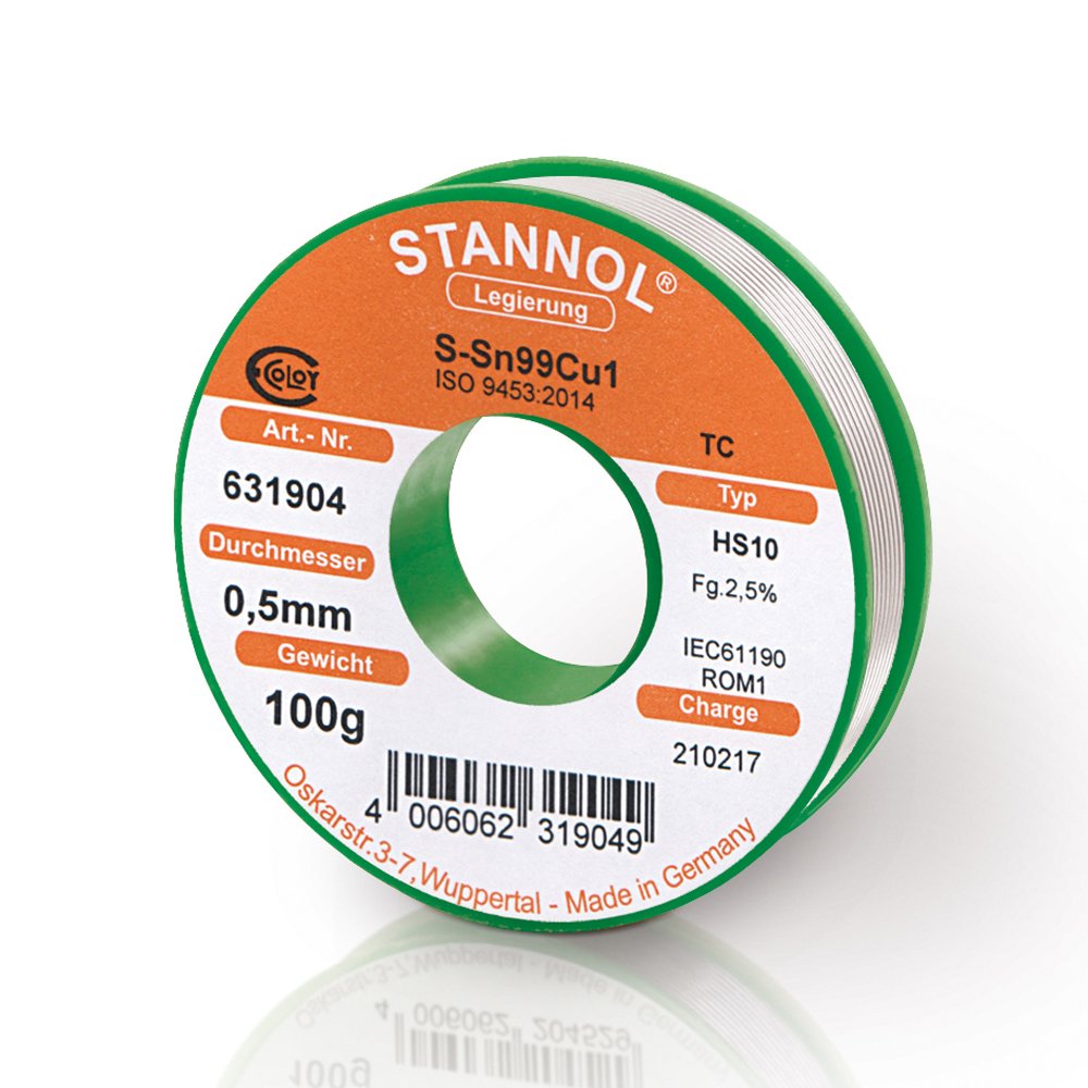 STANNOL 631904 Solder Wire Type HS10 Alloy TC Sn99Cu1 0.5mm 100g Spool
