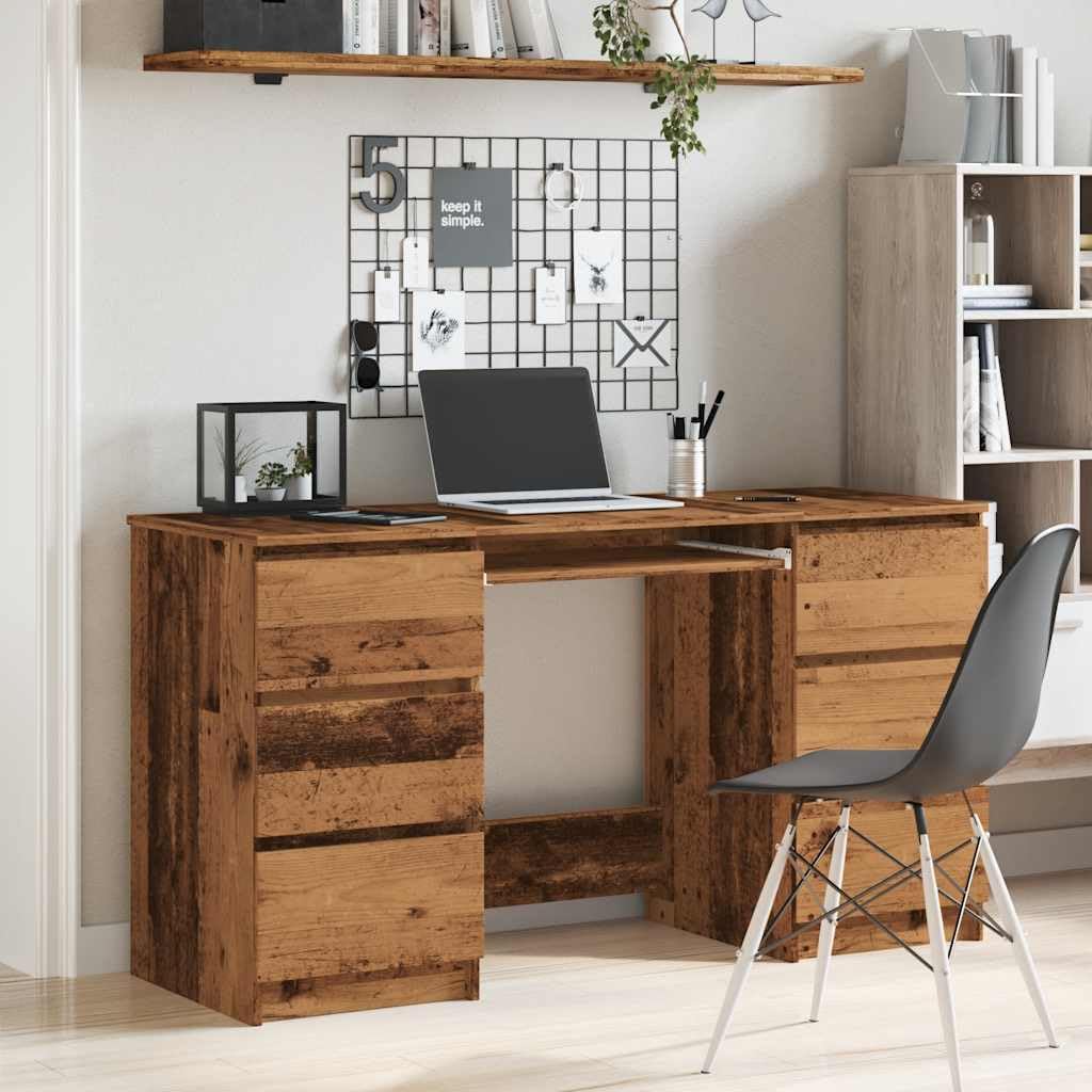 Scrivania effetto legno anticato, 140 x 50 x 77 cm, con 6 cassetti, spazioso piano per ufficio e home office, scrivania con spazio portaoggetti, design minimalista