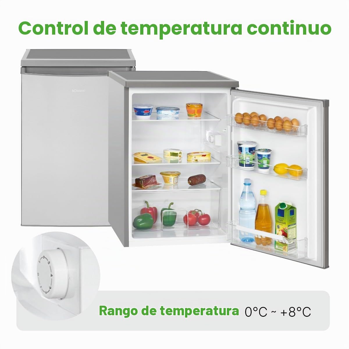 Bomann Nevera 133L acero inoxidable VS2185-1-inox, Capacidad neta: 133 litros, Iluminación interior LED, Control de temperatura continuo, 3 estantes de vidrio