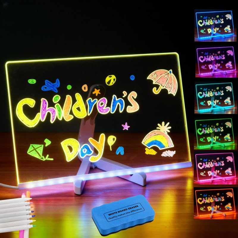 LED Note Board with Colors – Acrylic Dry Erase Board with 10 Light Modes, 7 Fluorescent Markers & Eraser, USB Powered Light Up Drawing Board for Kids & Adults, LED Message Board for Home Office School